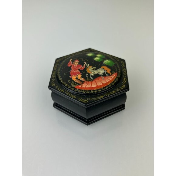 Artist Signed Russian Black Lacquer Trinket Box Hexagon Boy Donkey Pony READ - Picture 15 of 15